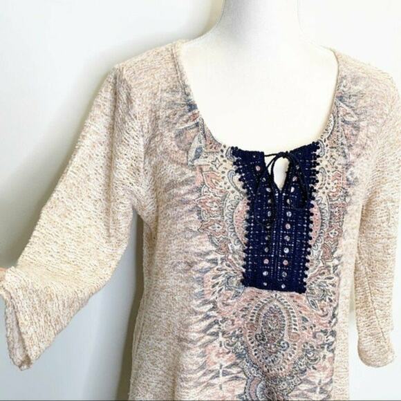 One World Live and Let Live boho Tunic Sz Medium ivory blue elbow sleeve top - Picture 6 of 10